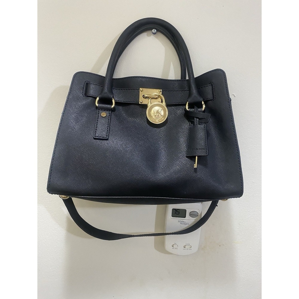 Michael Kors Hamilton EW Satchel Black Saffiano Leather Gold Chain 30S2GHMS3L